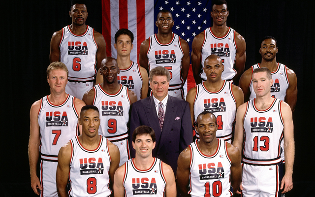 BARCELONA, SPAIN - 1991:  The original Olympic Dream Team pose for a group photo from back row (L-R) Patrick Ewing, Christian Laetner, Magic Johnson, David Robinson and Karl Malon.  Middle row (L-R) Larry Bird, Michael Jordan, head coach Chuck Daly, Charles Barkley and Chris Mullin. Bottom row (L-R) Scottie Pippen, John Stockton and Clyde Drexler in Barcelona, Spain in 1991.  NOTE TO USER: User expressly acknowledges that, by downloading and or using this photograph, User is consenting to the terms and conditions of the Getty Images License agreement. Mandatory Copyright Notice: Copyright 1991 NBAE (Photo by Andrew D. Bernstein/ NBAE/ Getty Images)